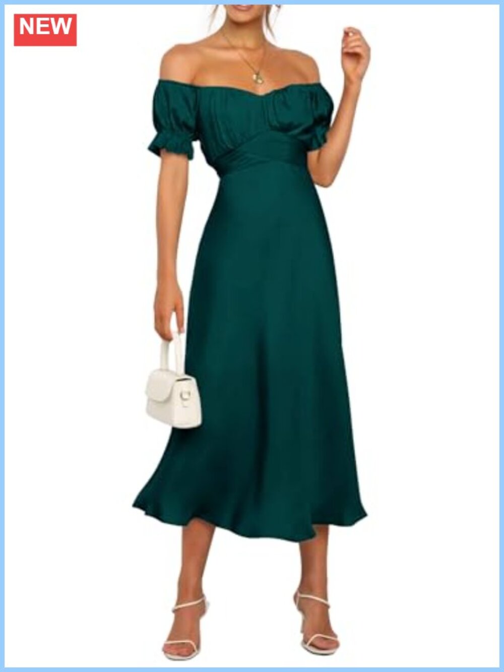 Satin Off Shoulder Midi Dress Puff Sleeve Mermaid Formal
